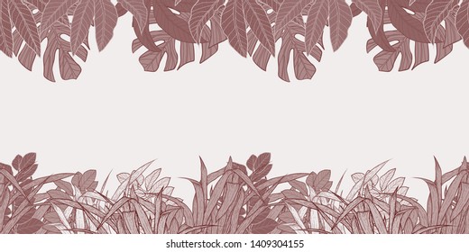 Pattern illustration of dark red tropical leaves, monstera leaves, palm leaves and grass on a light red background