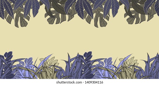Pattern illustration of dark yellow and dark blue tropical leaves, monstera leaves, palm leaves and grass on a bright yellow background