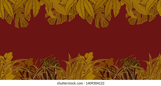 Pattern illustration of dark yellow and orange tropical leaves, monstera leaves, palm leaves and grass on a dark red background