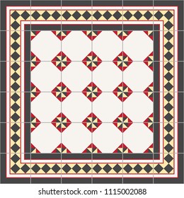 Pattern illustration of decorative tile panel in white, yellow, red and dark gray