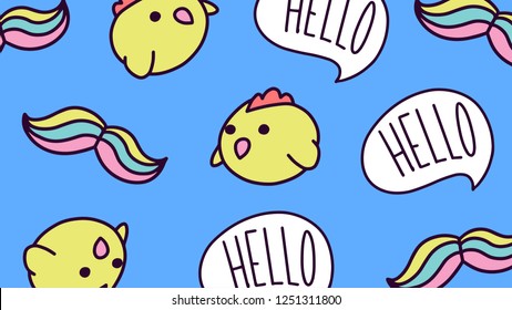 Pattern illustration of drawn elements chick moustache and hello bubble vector