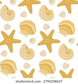 Pattern illustration featuring starfish, seashells, and conch shells in a repeating design on a white background, ideal for beach-themed projects and decor