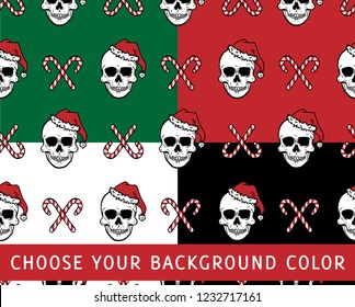 Pattern illustration in front view of a human skull with Christmas hat, an evil Santa Claus