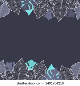 Pattern illustration of gray and blue leaves of palm trees and monsteras on a dark gray background