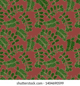 Pattern illustration of green leaves on a red background