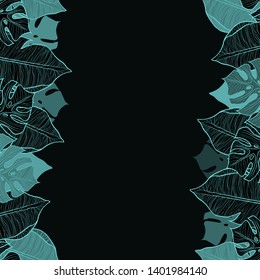 Pattern illustration of green palm leaves and monsteras on a dark background