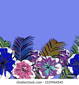 Pattern illustration of green and turquoise tropical leaves, monstera leaves, palm leaves and grass on a black background