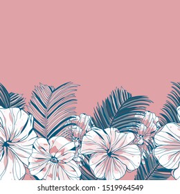 Pattern illustration of green and turquoise tropical leaves, monstera leaves, palm leaves and grass on a black background