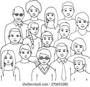 pattern with illustration of a group of men and women of different nationalities and nurture. hand drawn vector illustration