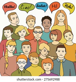 pattern with  illustration of a group of young men and women of different nationalities and nurture. hand drawn vector illustration