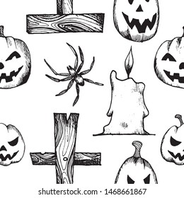 Pattern illustration with halloween objects. Black and white (two-tone) illustration of  pumpkins, spiders, and other creepy things.