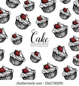 Pattern illustration in hand drawn style with cupcakes. Sweet design. For design textiles, fabric, packaging, paper, surface decoration, background.