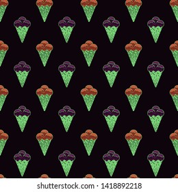 Pattern illustration of ice cream balls in a waffle cone