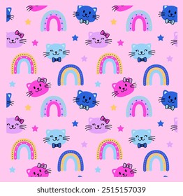 PATTERN ILLUSTRATION OF KITTY FACES AND RAINBOW