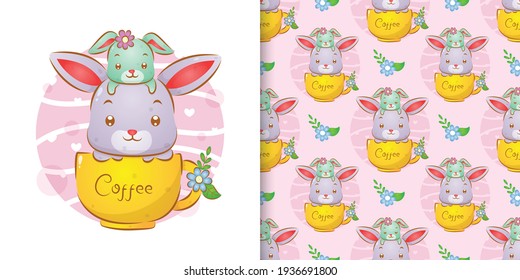 The pattern illustration of the little rabbit sitting on the big rabbit's head in the coffee cup