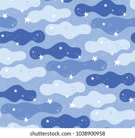 Pattern Illustration of magic sky or clouds with stars on blue background.  Vector Pattern illustration pattern for fabric, wallpaper, for kids goods. Kids pattern with clouds and stars.  Magic cloud