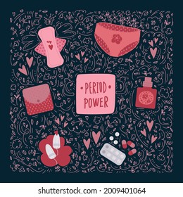 The pattern is an illustration of the menstrual period. Painted feminist hygiene, tampons, pads, menstrual cup. In the circle of the doodle of the substrate. Vector illustration