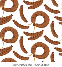 A pattern for an illustration on the theme of Oktoberfest. A delicious breakfast on a German holiday. Smoked sandwich with meat sausage endless texture wallpaper. Isolated on a white background. Types