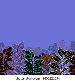 Pattern illustration of orange, black and burgundy tropical leaves on a purple background