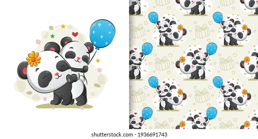 The pattern illustration of the panda carry the little panda hold the balloons in the back body