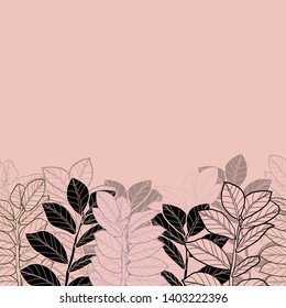 Pattern illustration of peach color tropical leaves on a bright pink background
