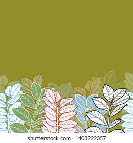 Pattern illustration of pink, green, blue and purple tropical leaves on a background of mustard color