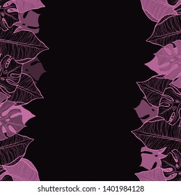 Pattern illustration of pink leaves of palm trees and monsteras on a black background