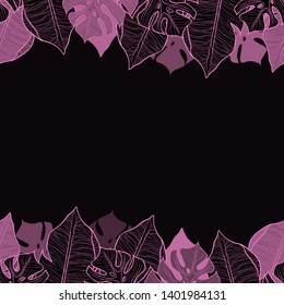 Pattern illustration of pink leaves of palm trees and monsteras on a black background