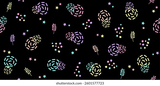 Pattern illustration of randomly scattered colorful hand drawn style dots and striped circles on black background 