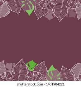 Pattern illustration of red and green leaves palm trees and monsteras on a reddish background