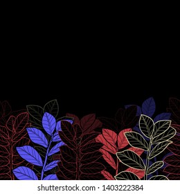 Pattern illustration of red, green, purple and black tropical leaves on a dark background