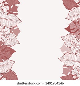 Pattern illustration of red leaves of palm trees and monstera on a slightly red background