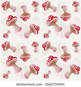 A pattern illustration showing adorable fly agarics with white dots on red caps, drawn in large scale and placed at various angles on an isolated light background.