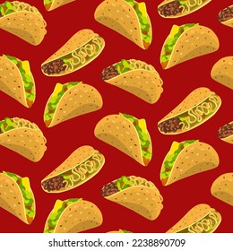 A pattern from an illustration with a Taco. Tacos are chaotic on a red background. Suitable for printing a flyer, a banner for a holiday, a postcard, any printed information. Holiday packing. Kitchen