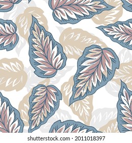 Pattern illustration of tropical blue leaves of palm trees and monstera with a paint effect, tropical exotic leaves abstract colors in a cartoon style. 