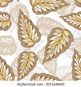 Pattern illustration of tropical golden leaves of palm trees and monstera with a paint effect, tropical exotic leaves abstract colors in a cartoon style. 