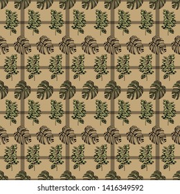 Pattern illustration of tropical leaves and monstera leaves on a background of stripes