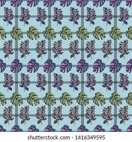 Pattern illustration of tropical leaves and monstera leaves on a background of stripes