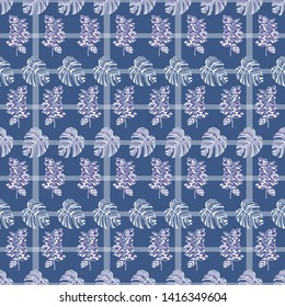 Pattern illustration of tropical leaves and monstera leaves on a background of stripes