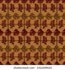 Pattern illustration of tropical leaves and monstera leaves on a background of stripes