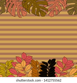 Pattern illustration of tropical leaves on a striped background