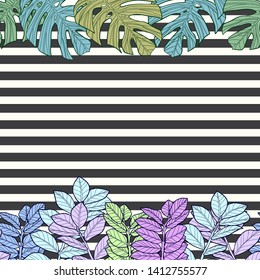 Pattern illustration of tropical leaves on a striped background