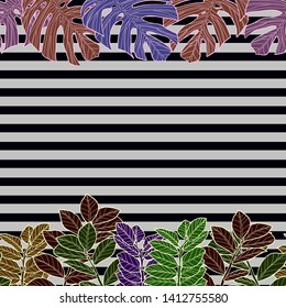 Pattern illustration of tropical leaves on a striped background