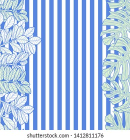 Pattern illustration of tropical leaves on a striped background