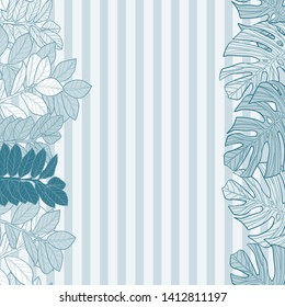 Pattern illustration of tropical leaves on a striped background