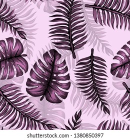 Pattern illustration of tropical leaves of palm trees and monstera with a paint effect