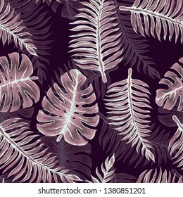 Pattern illustration of tropical leaves of palm trees and monstera with a paint effect