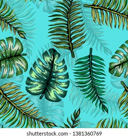 Pattern illustration of tropical leaves of palm trees and monster with a paint effect