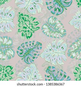 Pattern illustration of tropical leaves of palm trees and monstera with a paint effect