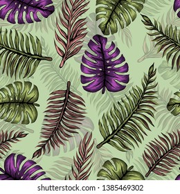 Pattern illustration of tropical leaves of palm trees and monstera with a paint effect
